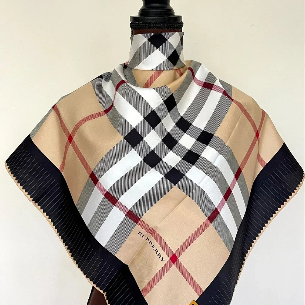 New Burberry Scarf House Check Beige Black Border Silk Scarf Wrap - Picture 9 of 14